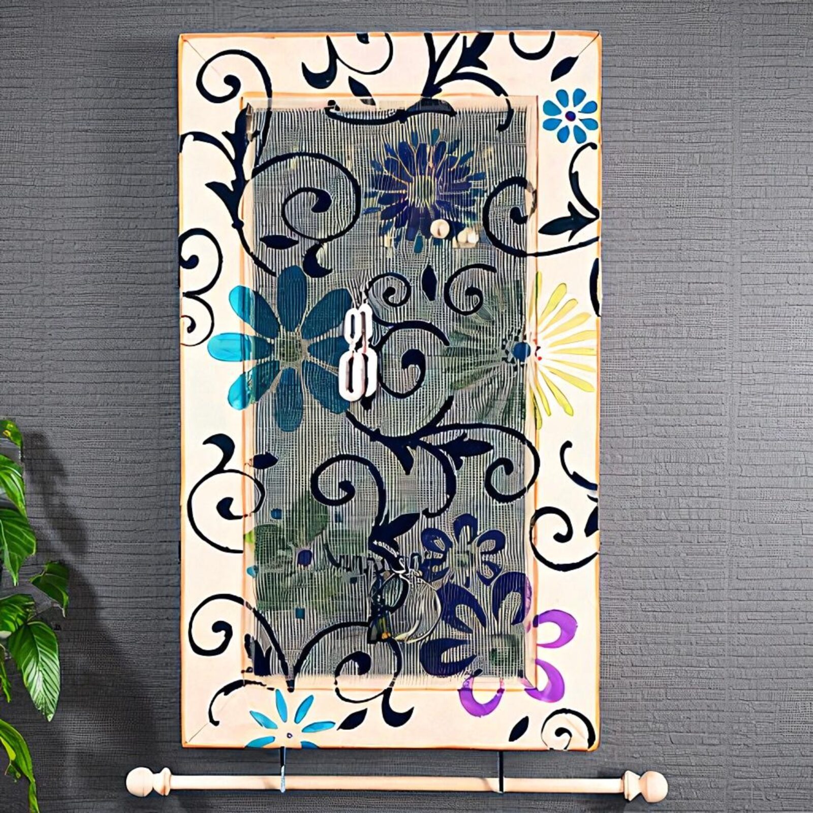 Hand-painted jewelry cabinet. Floral Scroll Design. Holds earrings, necklaces, and accessories. Made in Michigan.