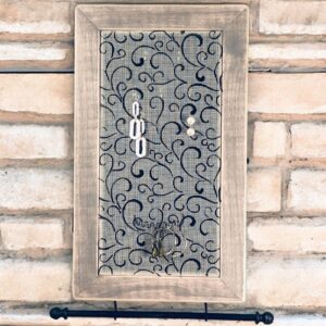 Handmade wood jewelry cabinet. Heart Swirl design on weathered gray wall earring holder .Handmade in Michigan.