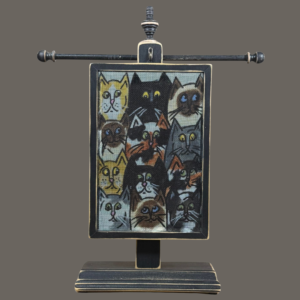 Hand-painted Gallery of Cats Design Classic Series Earring Holder on coordinating black necklace stand – functional art jewelry display.