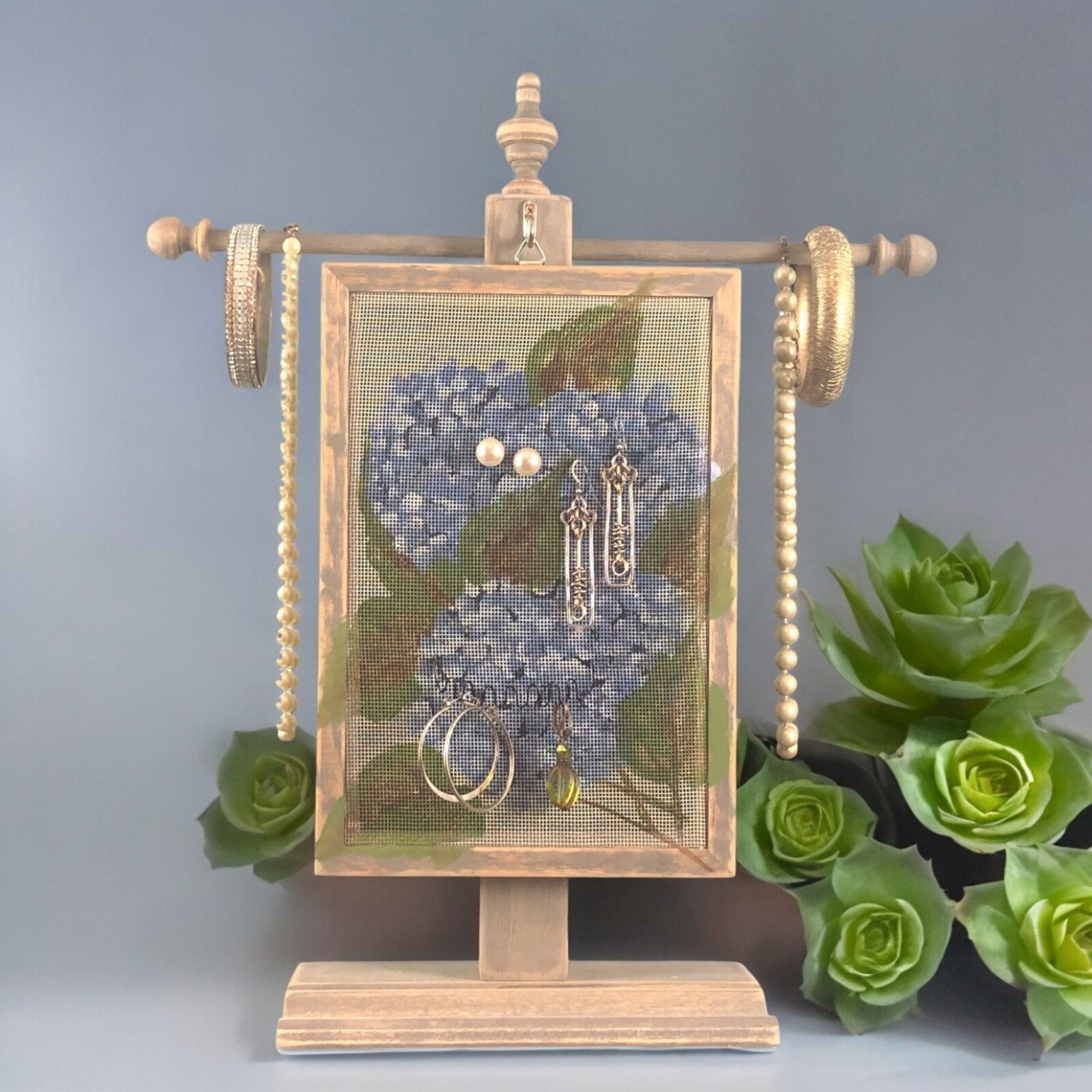 Hand-painted Hydrangea Earring Holder — weathered gray wood frame with fiberglass screen handmade in Michigan.