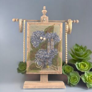 Hand-painted Hydrangea Earring Holder — weathered gray wood frame with fiberglass screen handmade in Michigan.
