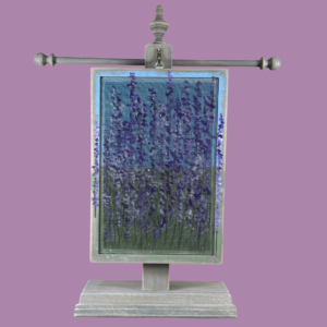 Hand-painted Earring Holder with Lavender Design —weathered gray solid wood frame with fiberglass screen earring display area hanging on necklace stand. Handmade in Michigan.