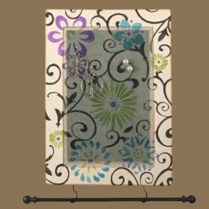 Hand-painted jewelry organizer - Portrait Series Floral Scroll Design – fiberglass earring display screen on white distressed solid wood frame with hanging jewelry bar.
