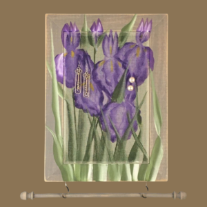Hand-painted jewelry organizer - Portrait Series Iris Design – fiberglass earring display screen on weathered gray solid wood frame with hanging jewelry bar.