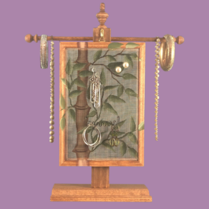 Hand-painted Classic Series Bamboo Earring Holder on coordinating walnut stained necklace stand – functional art jewelry display.