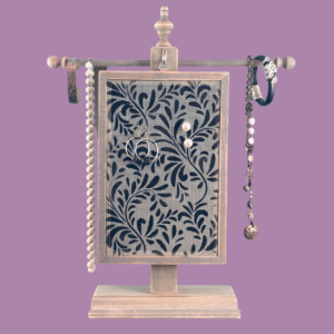 Hand-painted Earring Holder — Twigs Design on weathered gray wood frame with fiberglass earring display screen hanging on necklace stand. Handmade in Michigan.