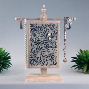 Hand-painted TWIGS Earring Holder — weathered gray wood frame with fiberglass screen handmade in Michigan.
