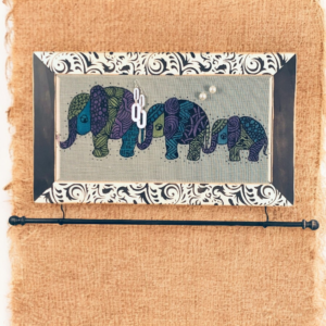 Hand-painted Studio Series Elephant Jewelry Organizer – distressed black & white wood frame with color coordinated jewelry bar.