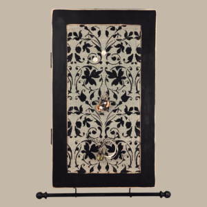 Hand-painted Aida Jewelry Cabinet – black distressed wall earring holder handmade in Michigan.
