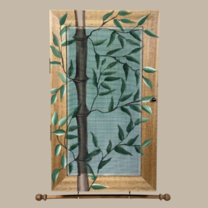 Hand-painted Jewelry Cabinet - Bamboo Design on a walnut stained solid wood case with a decorative fiberglass screen door as the earring holder surface. Interior jewelry hooks are included (not visible) and a matching jewelry bar hangs from the case.