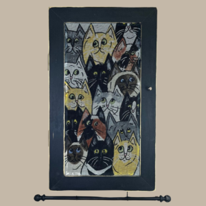 Hand-painted Jewelry Cabinet - Gallery of Cats Design on a black distressed solid wood case with a decorative fiberglass screen as the earring holder surface. Interior jewelry hooks inside and a matching jewelry bar hangs from the frame.