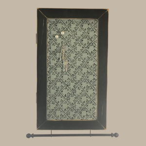 Hand-painted Jewelry Cabinet - Diamond Design on a black distressed solid wood jewelry case and a decorative fiberglass screen door as the earring holder surface. A matching jewelry bar hangs from the frame.