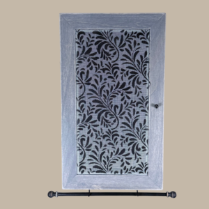 Hand-painted Jewelry Cabinet - Twigs Design on a weathered gray solid wood case with a decorative fiberglass screen door as the earring holder surface. Interior jewelry hooks are included inside (not visible) and a matching jewelry bar hangs from the case.
