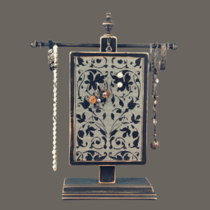 Hand-painted Aida Earring Holder — black distressed wood frame with fiberglass earring display screen hanging on necklace stand. Handmade in Michigan.
