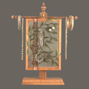 Hand-painted Earring Holder with Bamboo Design — walnut stained wood frame with fiberglass screen earring display area hanging on matching necklace stand. Handmade in Michigan.