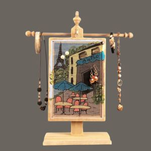 Hand-painted Earring Holder with Bistro Design — weathered gray wood frame with fiberglass earring display screen hanging on necklace stand. Handmade in Michigan.