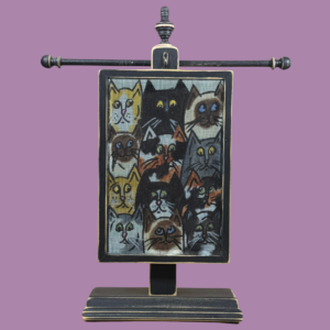 Hand-painted Earring Holder with Gallery of Cats Design — black distressed solid wood frame with fiberglass screen earring display area hanging on necklace stand. Handmade in Michigan.