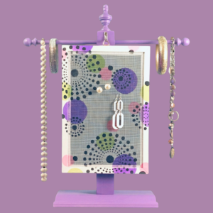 Hand-painted Earring Holder with Confetti Design — solid wood frame with fiberglass screen earring display area hanging on necklace stand. Handmade in Michigan.