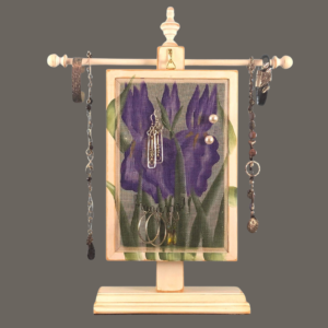 Hand-painted Iris Earring Holder — white distressed wood frame with fiberglass earring display screen hanging on necklace stand. Handmade in Michigan.