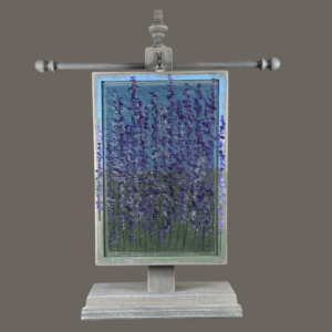 Hand-painted Earring Holder — Classic Series Lavender Design on weathered gray wood frame and fiberglass earring display screen hanging on a matching necklace stand. Handmade in Michigan.