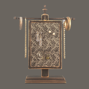 Hand-painted Earring Holder — Classic Series Leaves Design on black distressed solid wood frame and fiberglass earring display screen hanging on a matching necklace stand. Handmade in Michigan.