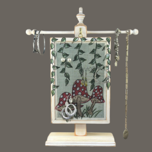 Hand-painted Earring Holder — Classic Series Mushroom Design on white distressed solid wood frame and fiberglass earring display screen hanging on a matching necklace stand. Handmade in Michigan.