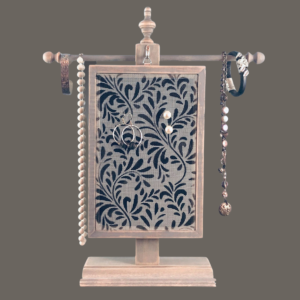Hand-painted Earring Holder — Twigs Design on weathered gray wood frame with fiberglass earring display screen hanging on necklace stand. Handmade in Michigan.
