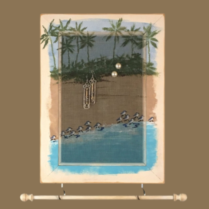 Hand-painted jewelry organizer - Portrait Series Sandpipers Design - on a white distressed solid wood frame and a decorative fiberglass screen as the earring holder surface. A matching jewelry bar hangs from the frame.