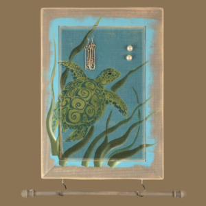 Hand-painted jewelry organizer - Portrait Series Sea Turtles Design - on a weathered gray solid wood frame and a decorative fiberglass screen as the earring holder surface. A matching jewelry bar hangs from the frame.