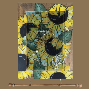 Hand-painted Jewelry Organizer Portrait Series Sunflowers – walnut stained wood frame wall earring holder with hanging jewelry bar.