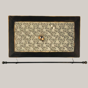 Hand-painted jewelry organizer - Studio Series Diamonds Design - on a black distressed solid wood frame and a decorative fiberglass screen as the earring holder surface. A matching jewelry bar hangs from the frame.