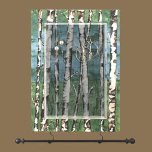 Hand-painted jewelry organizer - Portrait Series Birch Trees Design - on a multi-colored solid wood frame and a decorative fiberglass screen as the earring holder surface. A matching jewelry bar hangs from the frame.