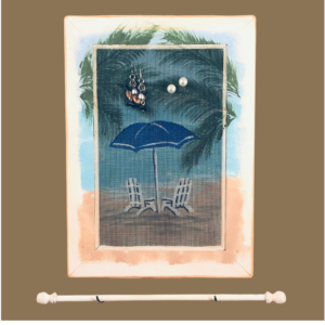 Hand-painted jewelry organizer - Portrait Series Beach Umbrella Design – fiberglass earring display screen on white distressed solid wood frame with hanging jewelry bar.